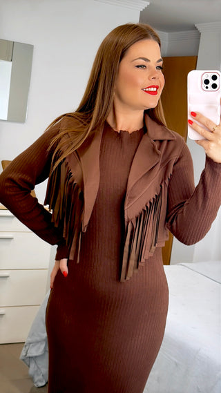 VESTIDO + CHALECO FLECOS