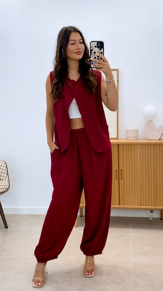 CONJUNTO CHALECO CRUZADO Y PANTALÓN BOMBACHO  CREPÉ