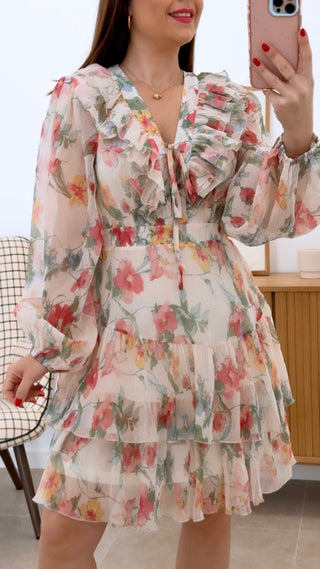 VESTIDO GASA FLORES Y VOLADOS