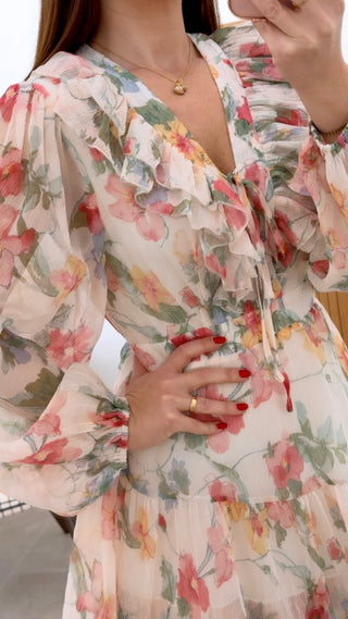 VESTIDO GASA FLORES Y VOLADOS