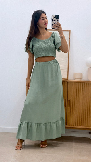 CONJUNTO TOP MANGA VOLANTES  Y FALDA LARGA