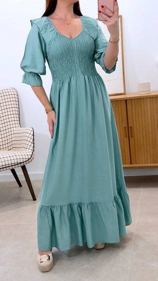 VESTIDO LARGO MANGA Y VOLANTE