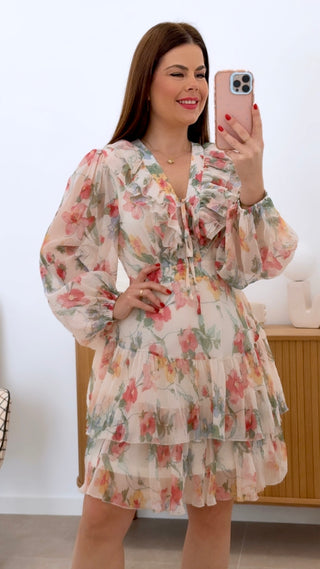 VESTIDO GASA FLORES Y VOLADOS