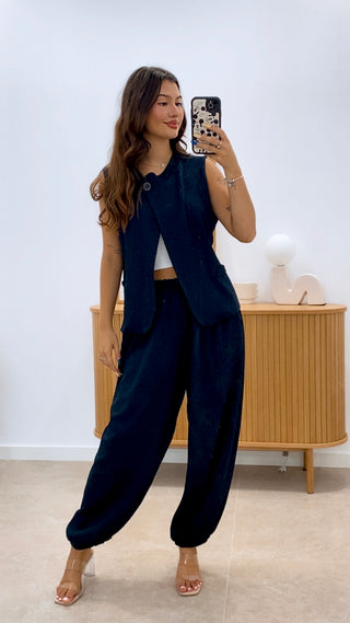 CONJUNTO CHALECO CRUZADO Y PANTALÓN BOMBACHO  CREPÉ