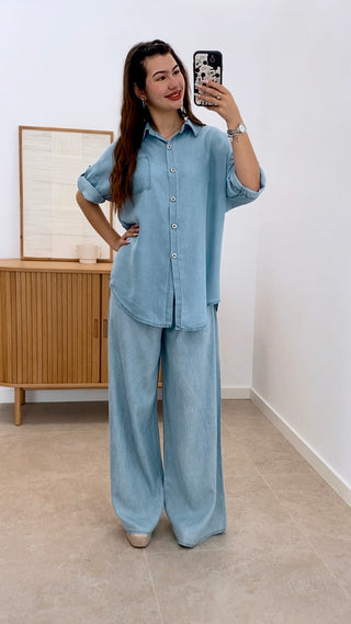 CONJUNTO DENIM PANTALÓN + CAMISA NUDO