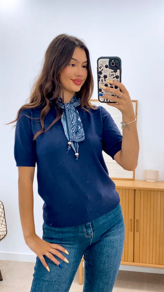 CAMISETA PUNTO MANGA CORTA + PAÑUELO ESTAMPADO