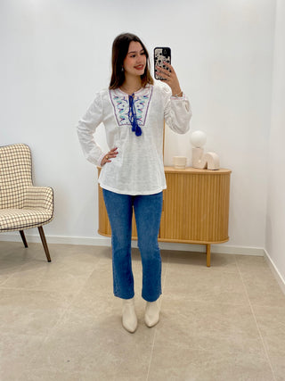 BLUE AND PINK EMBROIDERED BLOUSE